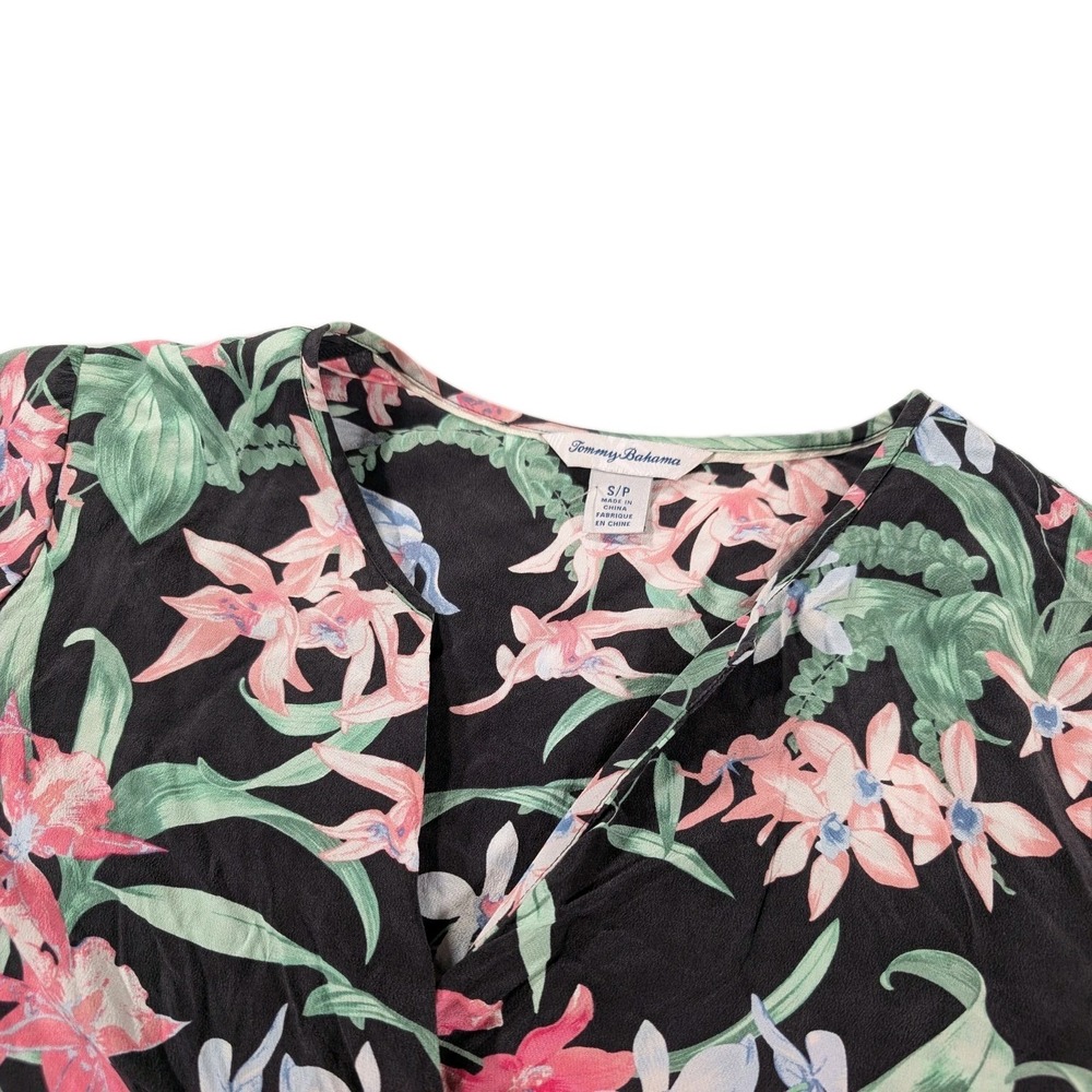 Tommy Bahama 100% Silk Floral V‎ Neck Tunic Top Hawaiian Bell Sleeve Women Small